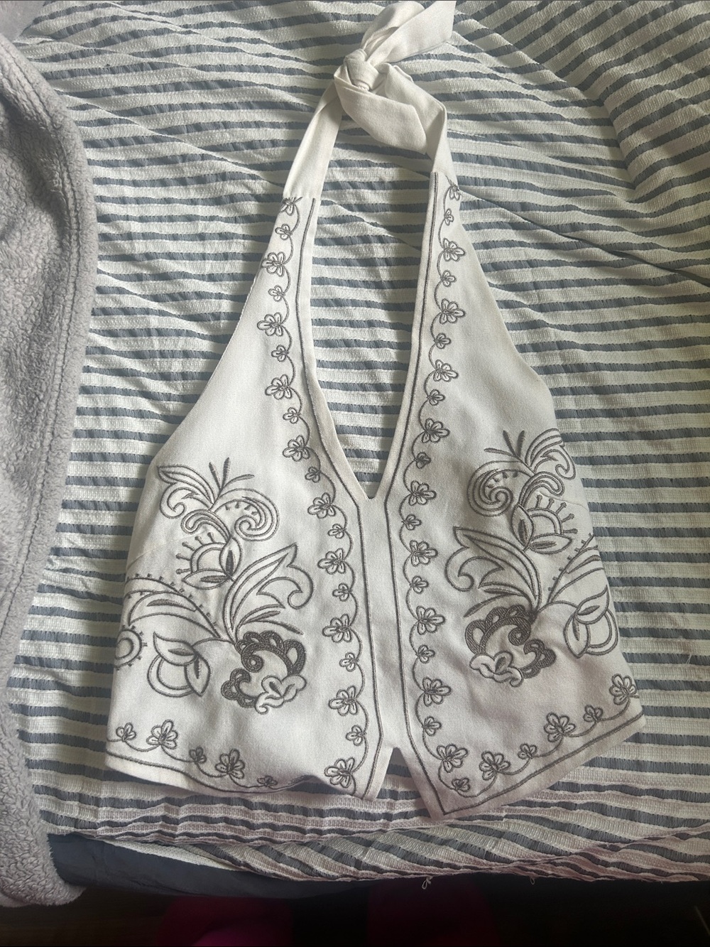 SHEIN White Halter Tank with Gray Floral Embroidery